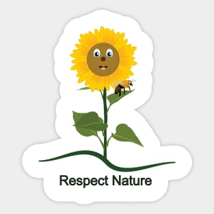 Sunflower cartoon with bee on the leaves Sticker